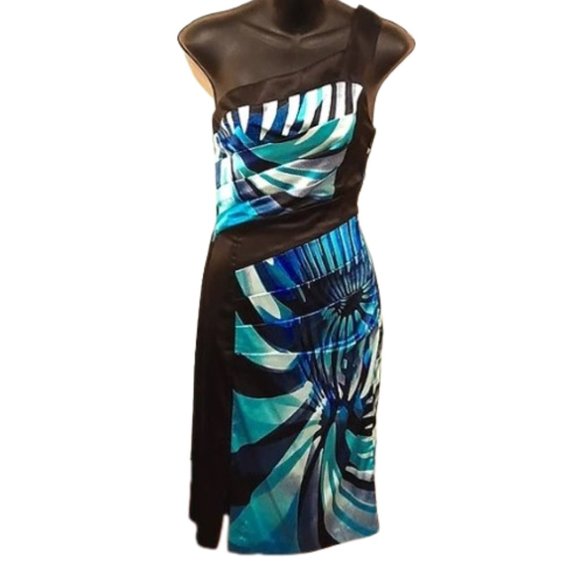 Le Chateau Aqua Print 1 Shoulder Satin Cocktail Dress- Sz. XS - Picture 1 of 10